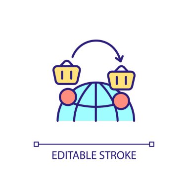 Uluslararası RGB renk simgesi satışı. Dünya çapında satışlar. İnternetten alışveriş. Mal dağıtımı yurtdışında. İzole vektör çizimi. Basit bir çizgi çizimi. Düzenlenebilir felç. Kullanılan Arial yazı tipi