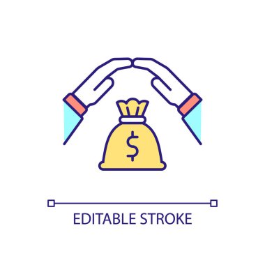 Finansal sigorta RGB renk ikonu. Gelir koruması. Önlem alma ve önlem alma riski var. Para çantası. İzole vektör çizimi. Basit bir çizgi çizimi. Düzenlenebilir felç. Kullanılan Arial yazı tipi