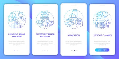 Gezici uygulama ekranında kumar bağımlılığı tedavisi mavi gradyan. Doğrusal kavramlarla dolu dört adımda grafik talimatları uygula. UI, UX, GUI şablonu. Kullanılan sayısız Pro-Kalın, Düzenli yazı tipleri