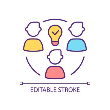 Takım beyin fırtınası RGB renk simgesi. Birlikte yenilikçi fikirler yaratmak. Verimliliği arttırıyorum. Grup aktivitesi. İzole vektör çizimi. Basit bir çizgi çizimi. Düzenlenebilir felç. Kullanılan Arial yazı tipi