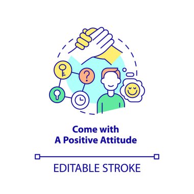 Pozitif tutum konsept ikonu ile gel. Kaçış odası metodu soyut fikir ince çizgi çizimi. Heyecan hissi. İzole bir taslak çizim. Düzenlenebilir felç. Arial, Myriad Pro-Kalın yazı tipleri