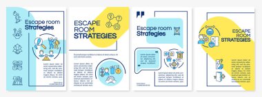 Kaçış odası kazanma stratejileri mavi ve sarı broşür. Bulmacaları çöz. Çizgisel simgeli broşür tasarımı. Sunum için 4 vektör düzeni, yıllık raporlar. Questrial, Lato-Düzenli yazı tipleri