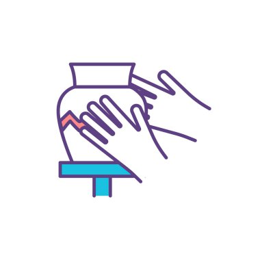 Çömlek RGB renk simgesi. Dekoratif sanatlar. Kil ve seramik materyallerden oluşan damarlar oluşturuyorlar. El yapımı parçalar. Ateşlenmiş seramik malzeme. Kil ellerle çalışıyor. İzole vektör illüstrasyonu