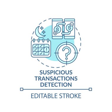 Şüpheli işlem algılama konsepti simgesi. Terörist finansman fikri ince çizgi çizimi. Para aklama suçları. Vektör izole edilmiş RGB renk çizimi. Düzenlenebilir vuruş