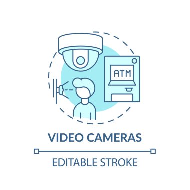 Video kameralar konsept simgesi. İnsanların güvenliğini sağlamak ince çizgili çizgiler çizmek. ATM kayıtları. Güvenlik çevresi. Vektör izole edilmiş RGB renk çizimi. Düzenlenebilir vuruş