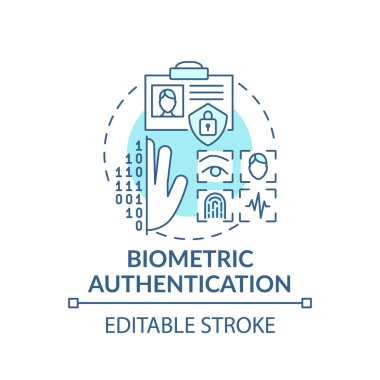 Biyometrik doğrulama konsepti simgesi. Parmak izi ve kimlik tarayıcı ince çizgi çizimi fikri. Kullanıcı doğrulaması. Kimliğe dokun. Vektör izole edilmiş RGB renk çizimi. Düzenlenebilir vuruş