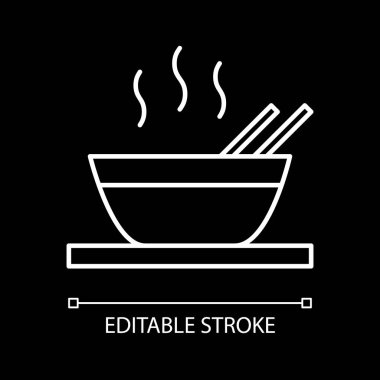 Hot food in bowl white linear icon for dark theme. Steaming curry. Indian cuisine. Homemade meal. Thin line customizable illustration. Isolated vector contour symbol for night mode. Editable stroke