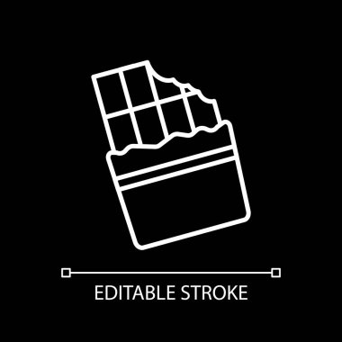 Bitten chocolate bar white linear icon for dark theme. Sweet treat. Unhealthy dessert with calories. Thin line customizable illustration. Isolated vector contour symbol for night mode. Editable stroke