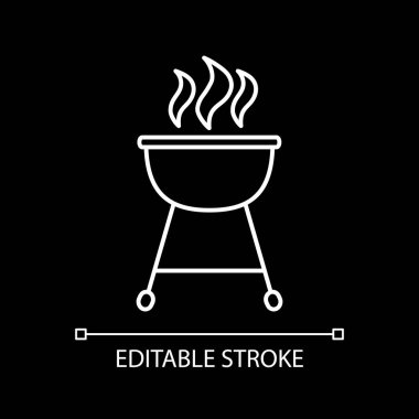 Barbecue white linear icon for dark theme. Barbeque cookout. Grill cooking. Stove for cookery. Thin line customizable illustration. Isolated vector contour symbol for night mode. Editable stroke