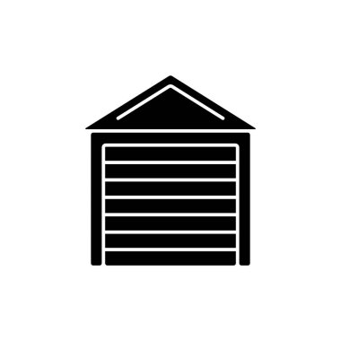 Garaj kapıları siyah sembol. Depo alanı. Garajda bir araba var. Güvenlik ve mesuliyet. Araçları dışarıda tutmak. Güvenlik özellikleri. Beyaz uzayda siluet sembolü. Vektör izole illüstrasyonu