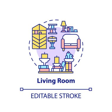 Oturma odası konsepti ikonu. Dekorasyon ve azalan fikir ince çizgi çizimi. Rahatlamak için bir yer. Mobilyaların yeniden düzenlenmesi. Vektör izole edilmiş RGB renk çizimi. Düzenlenebilir vuruş