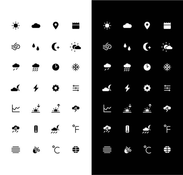 Weather glyph icons set for night and day mode. Sunny and cloudy. Warm, cold climate. Mobile UI element. Silhouette symbols for light, dark theme. Vector isolated illustration bundle