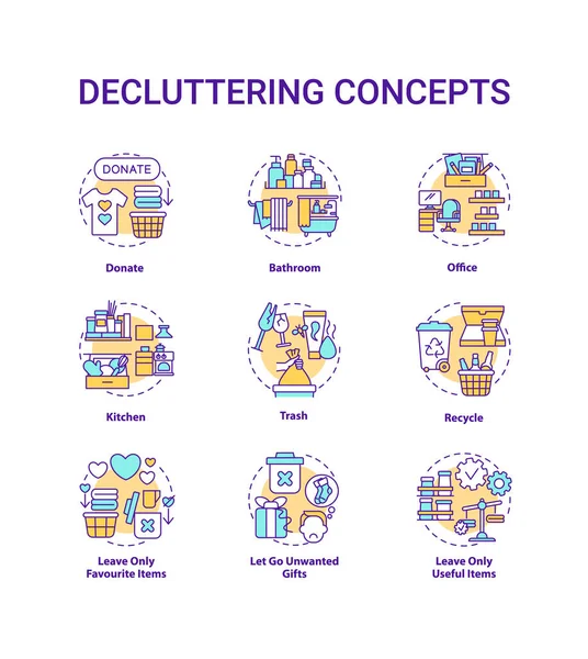 Icônes Concept Decluttering Ensemble Faites Don Recyclez Des Illustrations Couleur — Image vectorielle