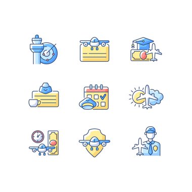 Havacılık RGB renk simgeleri ayarlandı. Hava trafik kontrolü. Pilot lisansı alıyorum. Hava güvenliği. Havayolları yönetimi gelişiyor. Uçak kiralama. Havacılık meteorolojisi. İzole vektör çizimleri