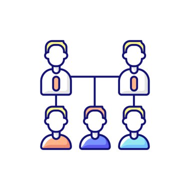 Organik şirket yapısı RGB renk simgesi. Çalışanlar arasında yatay etkileşim. Düz rapor hiyerarşisi. Liderlik ve personel. Küçük organizasyonlar ve girişimler. İzole vektör illüstrasyonu