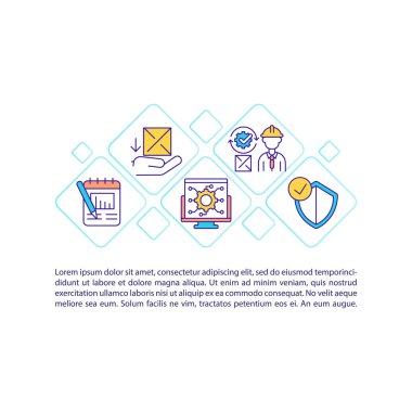 Depo, otomasyon konseptini metinle işliyor. Teknoloji, depo yönetimi için yazılım. PPT sayfa vektör şablonu. Broşür, dergi, kitapçık tasarım ögesi doğrusal çizimler