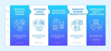 Depo işlemi optimizasyonu vektör şablonunda. Uzayın maksimum kullanımı. Güvenlik uyumu. Simgeli ilgili mobil web sitesi. Web sayfası basamak ekranları. RGB renk kavramı