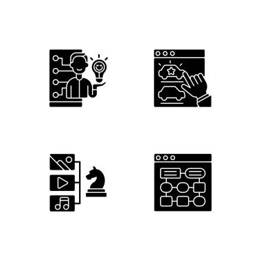 Kullanıcı deneyimi beyaz uzaya ayarlanmış siyah kabartma simgelerini geliştiriyor. Duygusal tasarım. Bilgi mimarisi. Seo araştırması. İnternet sitesi yönetimi. Siluet sembolleri. Vektör izole illüstrasyonu