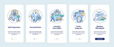 Mobil uygulama sayfası ekranında kavramlarla erteleme yöntemleriyle savaşmak. Yapılacaklar listesi, öğrenme alışkanlıkları 5 aşamalı grafik talimatlar. RGB renk resimleriyle UI vektör şablonu