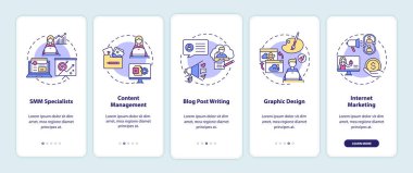 Çevrimiçi serbest çalışma kavramlı mobil uygulama sayfası ekranında. İçerik yöneticisi. İnternet pazarlama 5 aşamalı grafik talimatlar. RGB renk resimleriyle UI vektör şablonu