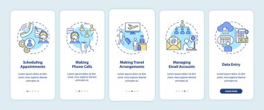 Mobil uygulama sayfası ekranında konseptlerle birlikte yönetici görevi. Sekreter ofisi 5 aşamalı grafik talimatları gözden geçiriyor. RGB renk resimleriyle UI vektör şablonu