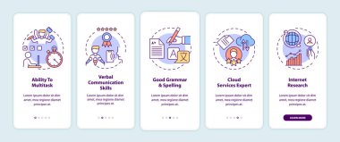 Sanal asistan becerileri kavramlarla mobil uygulama sayfası ekranında. Birden fazla çalışan 5 aşamalı grafik talimatları inceliyor. RGB renk resimleriyle UI vektör şablonu