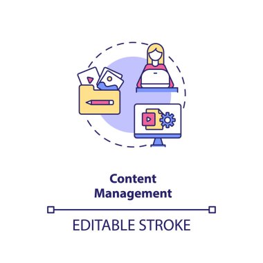 İçerik yönetimi konsepti simgesi. İnternete yükle. Blog yönetimi. Sosyal medya yöneticisi. Sanal asistan fikri ince çizgi çizimi. Vektör izole edilmiş RGB renk çizimi. Düzenlenebilir vuruş