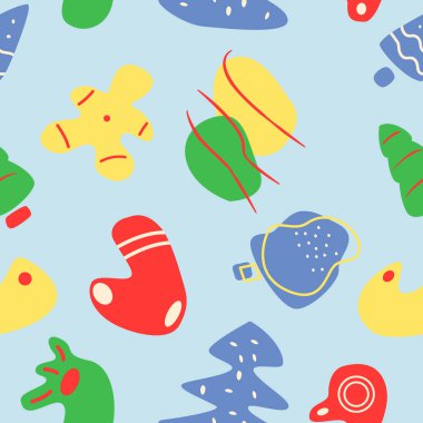 Şenlikli kış mevsimi soyut, dikişsiz desen. Süslü dekorasyon. Geometrik düz vektör şekilleri. Çizgi film renkli simgelerle kışın dokusu. Grafik elementli dekoratif boho tasarımı