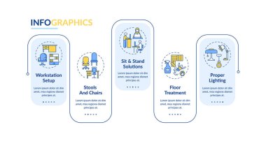 Workstation tasarım vektör bilgi şablonu. Otur ve çözümleri bekle sunum tasarım elementleri. Veri görselleştirmesi 5 adımda. Zaman çizelgesi. Doğrusal simgelerle çalışma akışı düzeni
