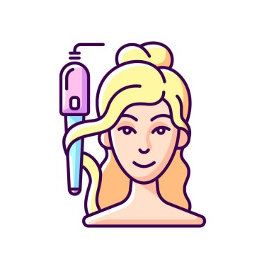 Saç maşası RGB renk simgesi. Saç tokası. Isı kullanarak saç yapısını değiştirmek. Moda aleti. Demiri düzeltiyorum. Kuaför aletleri. Saçı yuvarlak aletin etrafına sarmak. İzole vektör illüstrasyonu