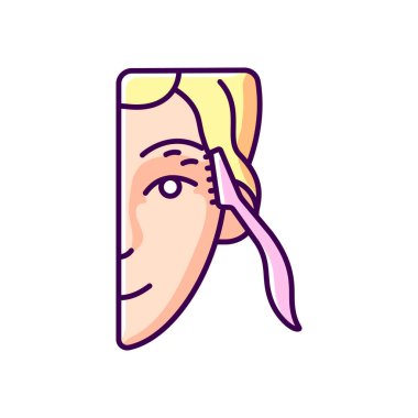 Kaş jileti RGB renk ikonu. Tıraş kaşları. İnce kaş, boyun ve yüz kıllarını alıyorum. Küçük bir güzellik aleti. Gereksiz kılları azaltıyorum. Hassas cildini koruyan bir kadın. İzole vektör illüstrasyonu