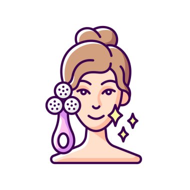 Yüz temizleme cihazı RGB renk simgesi. Heykel ve yüz tonu aleti. Kasları gevşetiyorum. Kan dolaşımını hızlandırıyorum. Siyah noktalar ve lekeler çıkarılıyor. İzole vektör illüstrasyonu