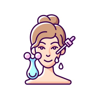 Mikro akım masaj aleti RGB renk simgesi. Yüz kasları uyarılması. Kaldırma aleti. Hasarlı deriyi onarıyorum. Uyarıcı kolajen ve elastin üretimi. Kırışıklıkları azaltıyor. İzole vektör illüstrasyonu