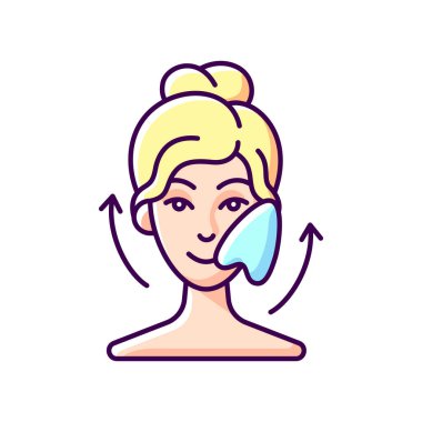 Gua sha taşı RGB renk simgesi. Gözlerinin altındaki şişkinliği alıyor. Açılı taş. Yüzünde sıyrık var. Kan akışını hızlandırıyorum. Çin güzellik aleti. Gerginliğimi atıyorum. İzole vektör illüstrasyonu
