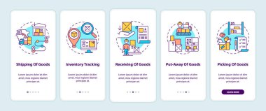 Mal sevkiyatı, konseptli mobil uygulama sayfası ekranı almak. Malları kaldırın. Lojistik gezinti 5 adım grafik talimatlar. RGB renk resimleriyle UI vektör şablonu