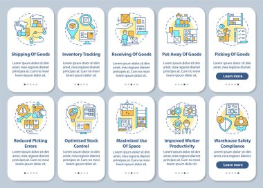 Depo yönetimi mobil uygulama sayfası ekranında konseptlerle birlikte. Lojistik ve nakliye 5 aşamalı grafik talimatlar. RGB renk resimleriyle UI vektör şablonu