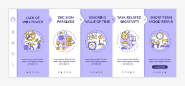 Vektör şablonunda görev geciktirme alışkanlığı nedenleri. İrade eksikliği. Zaman değerinin göz ardı edilmesi. Simgeli ilgili mobil web sitesi. Web sayfası basamak ekranları. RGB renk kavramı