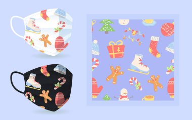 Noel şenliği için mavi süsleme maske modeli modern, soyut, pürüzsüz desenli. Düz vektör şekilleri. Moda çizgi film renkli simgelerin dokusu. Grafik ögeleri ile dekoratif tasarım