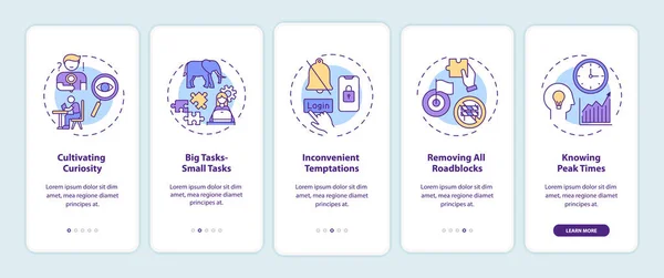 先読みのヒントを克服する概念でモバイルアプリのページ画面にオンボーディング 好奇心は ピーク時の5つの手順のグラフィック命令を歩く知っている Rgbカラーイラスト付きUiベクトルテンプレート — ストックベクタ