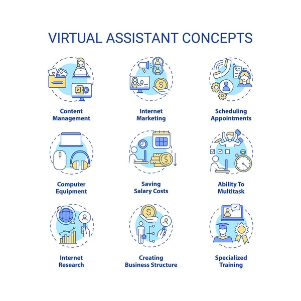Assistentes Virtuais Conjunto Ícones Conceito Trabalho Distância Gerente Online Marketing — Vetor de Stock