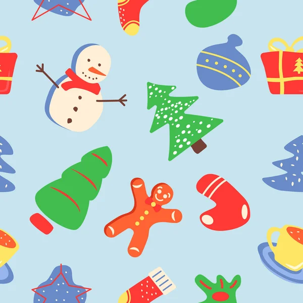 Mutlu noeller soyut ve kusursuz desen. Kış tatili tebriği. Geometrik düz vektör şekilleri. Çizgi film renkli simgelerle kışın dokusu. Grafik elementli dekoratif boho tasarımı