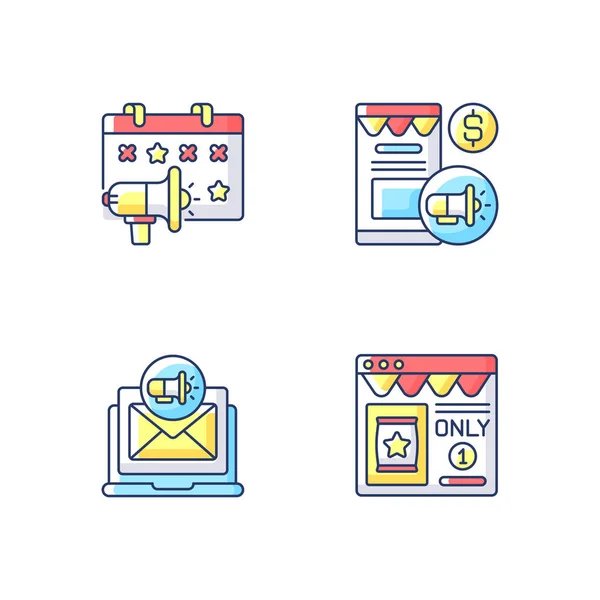 Маркетинговые Стратегии Rgb Color Icons Set Специальные Мероприятия Направленные Поиск — стоковый вектор
