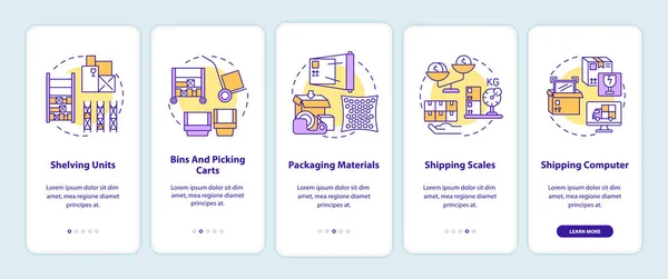 ストアハウス管理概念を搭載したモバイルアプリのページ画面にオンボーディング 倉庫注文組織は5ステップのグラフィック指示を歩きます Rgbカラーイラスト付きUiベクトルテンプレート — ストックベクタ