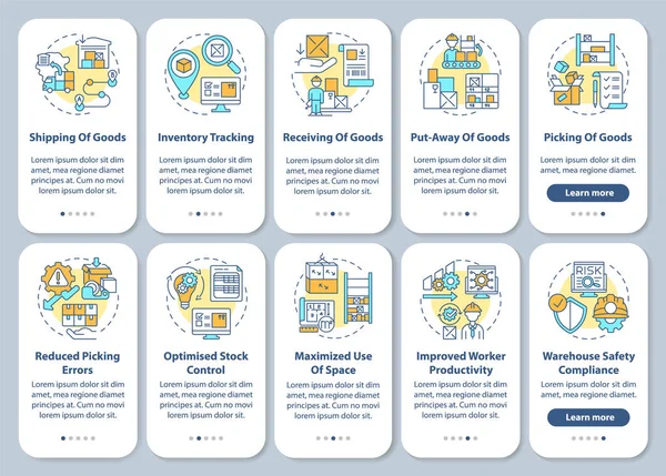 Depo yönetimi mobil uygulama sayfası ekranında konseptlerle birlikte. Lojistik ve nakliye 5 aşamalı grafik talimatlar. RGB renk resimleriyle UI vektör şablonu