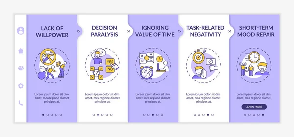 Delaying Tasks Habit Reasons Onboarding Vector Template Willpower Lack Ignoring — Stock Vector