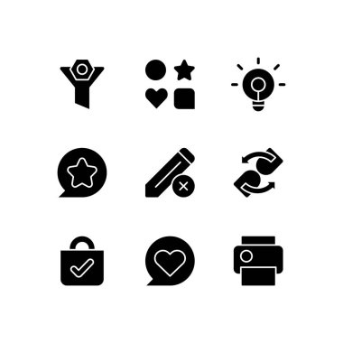 Mobil uygulama için arayüz beyaz alana ayarlanmış siyah kabartma simgeleri. Farklı verileri engelliyorum. Tüm lambaların işlevselliğini ateşleyin. Düzenleme engellendi. Siluet sembolleri. Vektör izole illüstrasyonu