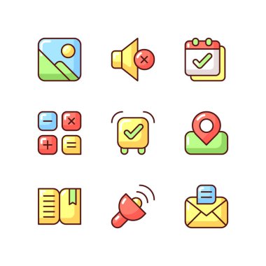 Akıllı telefon arayüzü RGB renk simgeleri ayarlandı. Fotoğraf galerisi. Sessiz mod ayarı. Takvim. Çalar saat. Hesaplamalar yapılıyor. Gerçek zamanlı mekan. Kitap okuyucu. İzole vektör çizimleri