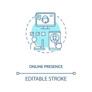 Çevrimiçi varlık turkuaz konsept simgesi. Sosyal medya yöneticisi. Ağ uzmanı. Sanal asistanlık ince çizgi çizimine yardımcı olur. Vektör izole edilmiş RGB renk çizimi. Düzenlenebilir vuruş