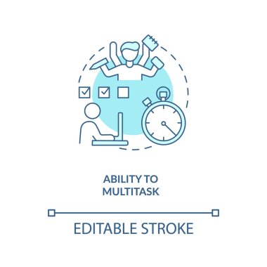 Çoklu görev turkuaz konsept ikonu. Ofis müdürü. İşçi verimliliği. Sanal yardımcı yetenek fikri ince çizgi çizimi. Vektör izole edilmiş RGB renk çizimi. Düzenlenebilir vuruş