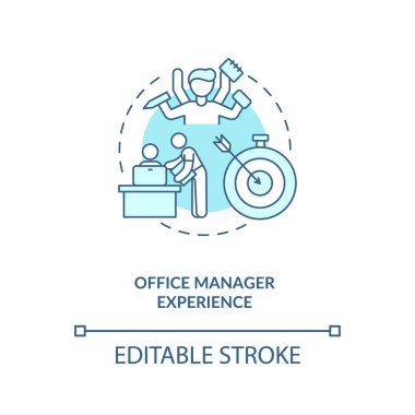 Ofis yöneticisi turkuaz konsept simgesini tecrübe etti. Çalışanlık yeteneği. Uzaktan kumanda. Sanal yardımcı yetenek fikri ince çizgi çizimi. Vektör izole edilmiş RGB renk çizimi. Düzenlenebilir vuruş